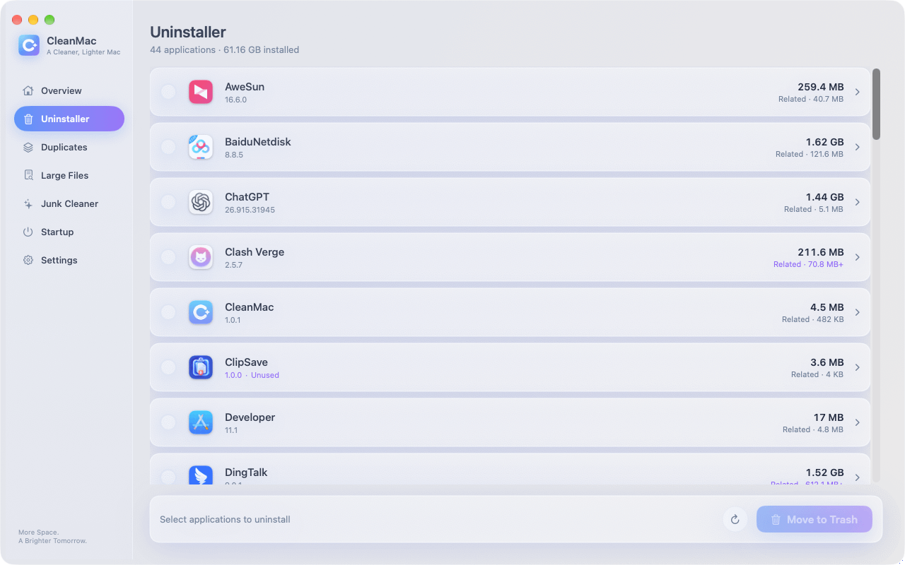 CleanMac app uninstaller listing installed applications with related files