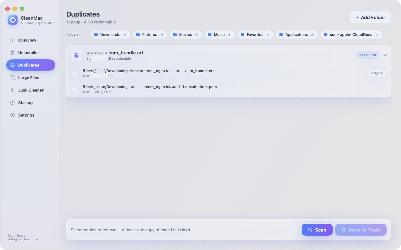 CleanMac duplicate file finder comparing identical file copies