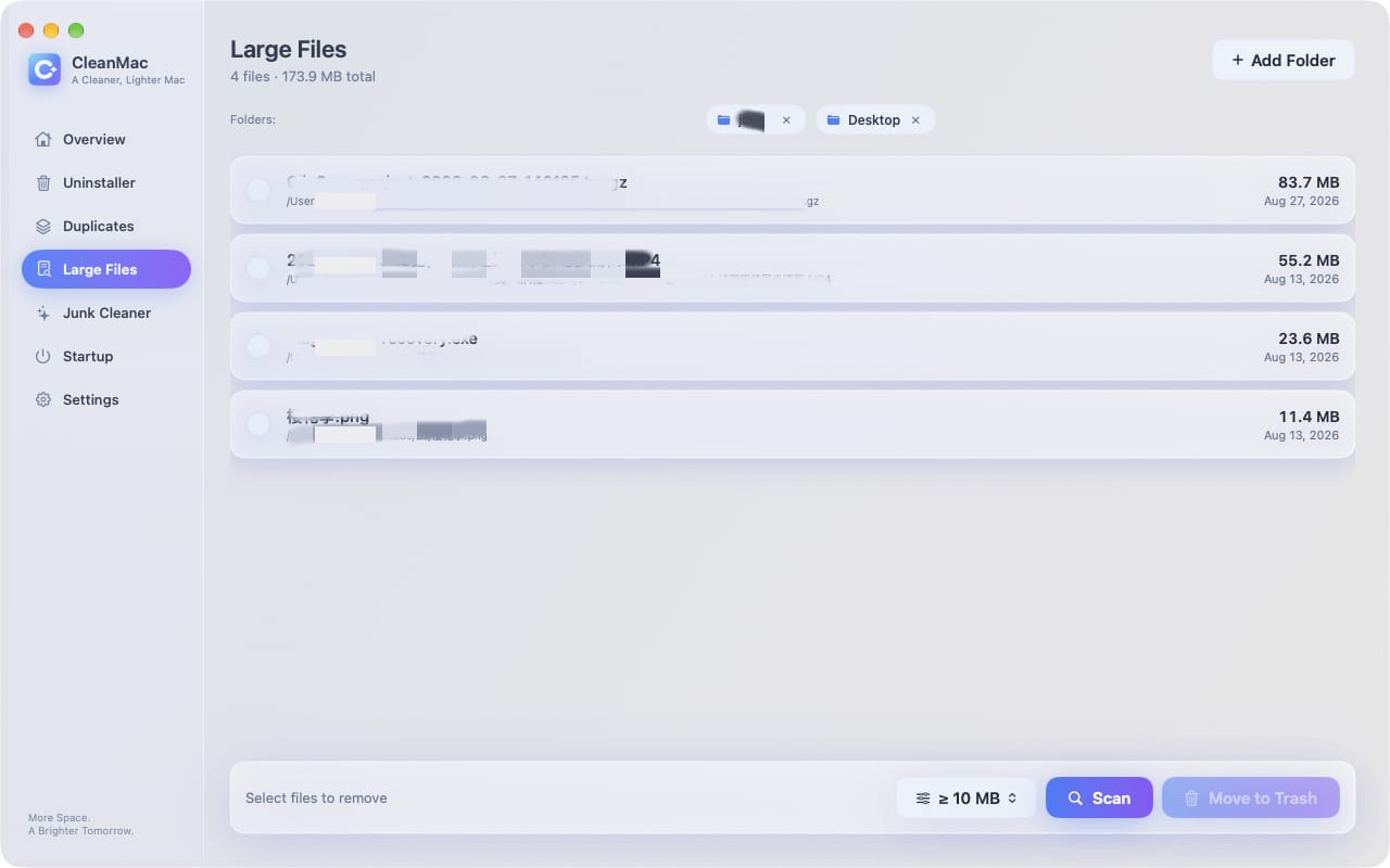 CleanMac large files cleanup scan results sorted by size