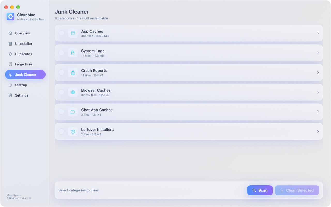 CleanMac junk cleaner categories including app caches, system logs, and browser caches