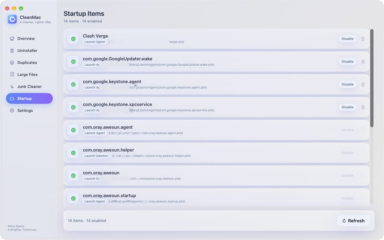 CleanMac startup items manager for launch agents and daemons