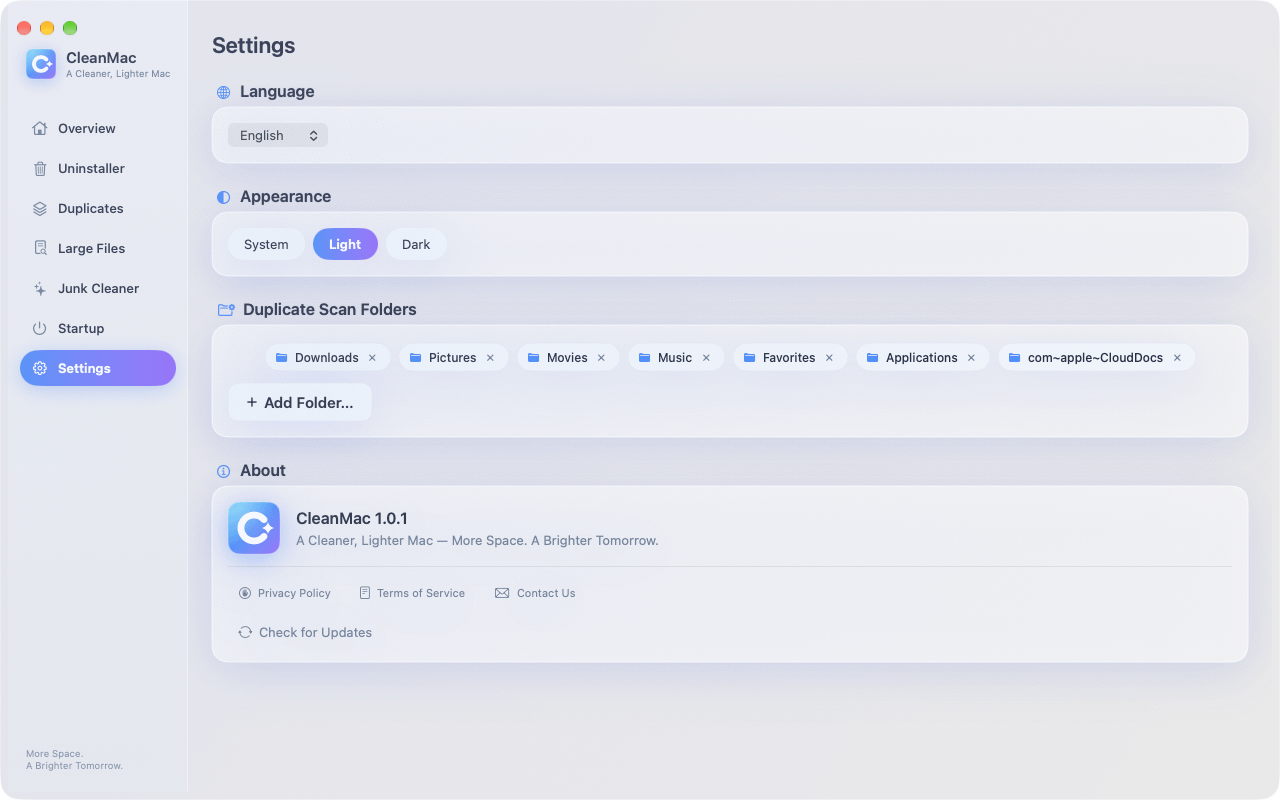CleanMac settings with language, appearance, and scan folder options