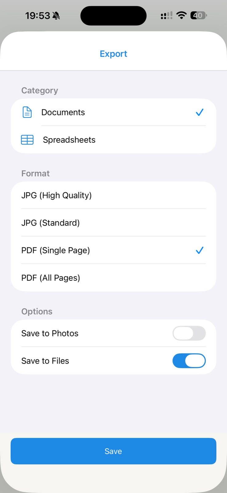 AlignScan JPG and PDF export screen
