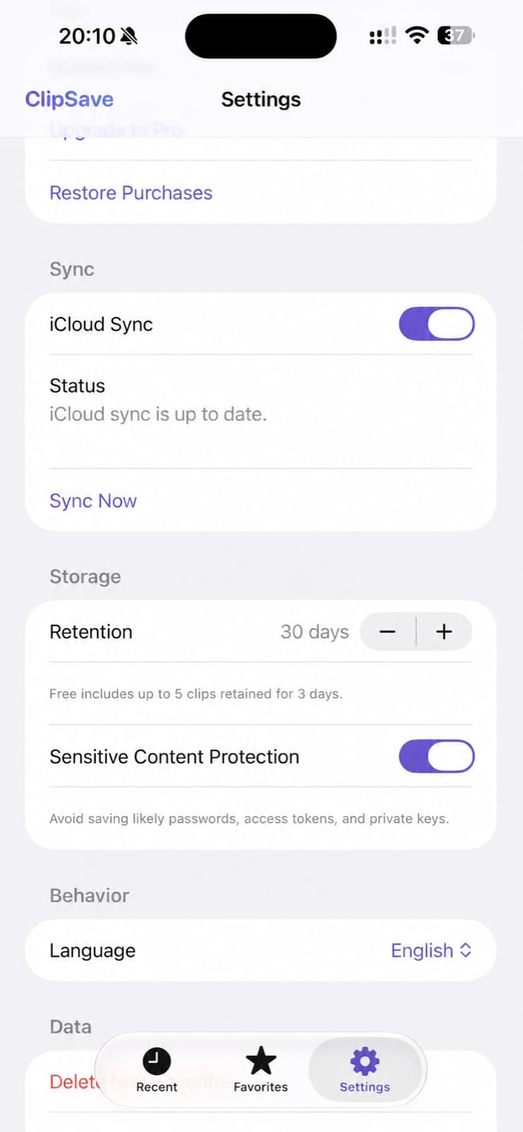ClipSave iCloud sync and privacy settings