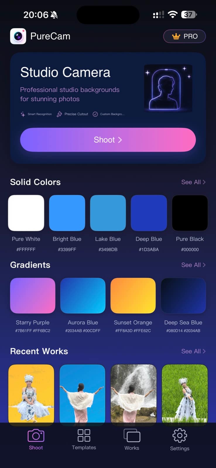 PureCam studio camera home screen